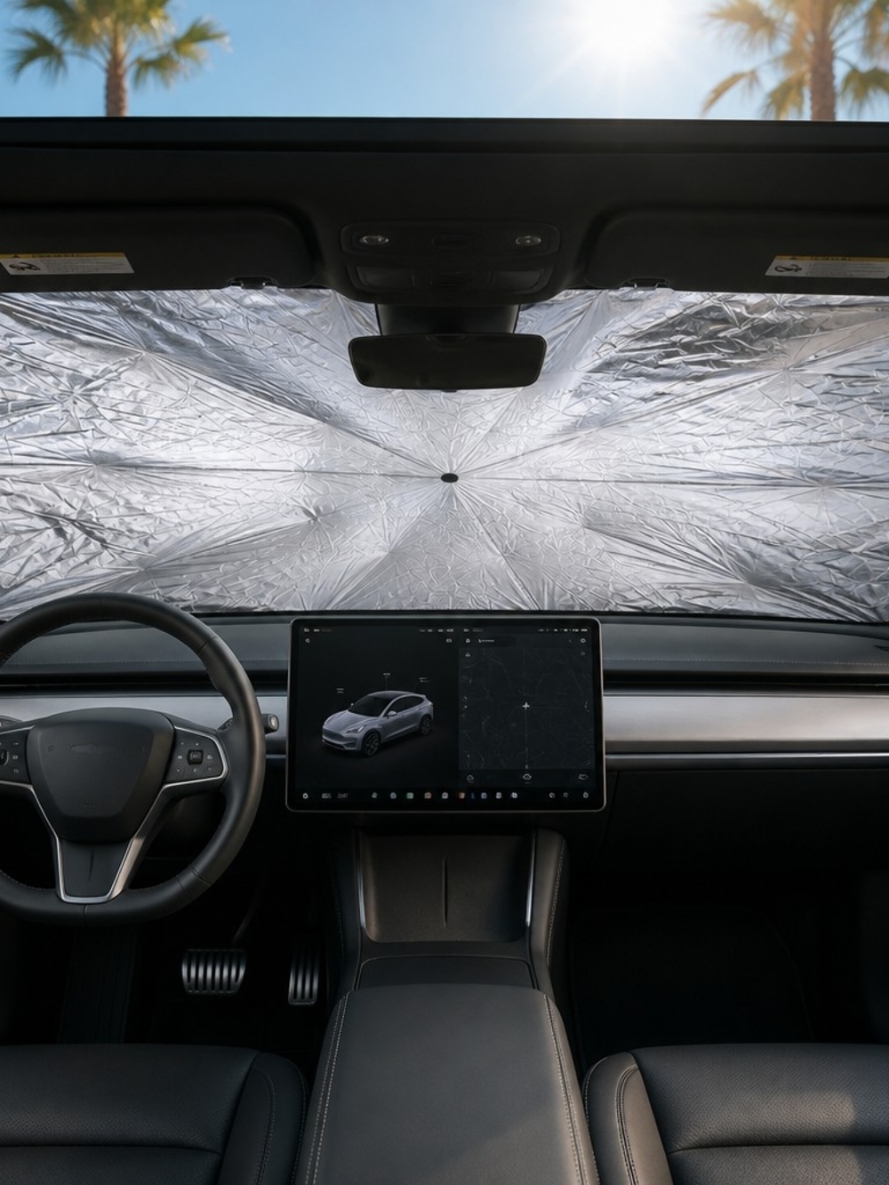 Source Unknown Silver Car Windshield Sunshade with Black Interior Contrast